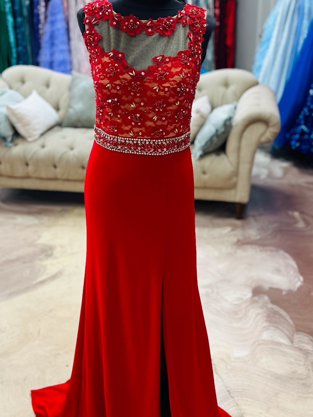 Red Beaded Applique Prom Dress with Sheer Bodice
